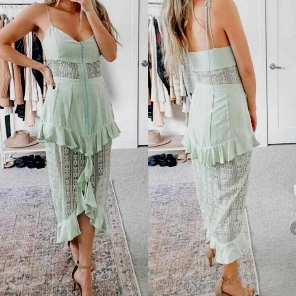 NWT FOR LOVE & LEMONS MINT GREEN LOVEBIRD LACE MIDI DRESS FAIRYCORE - Picture 2 of 15